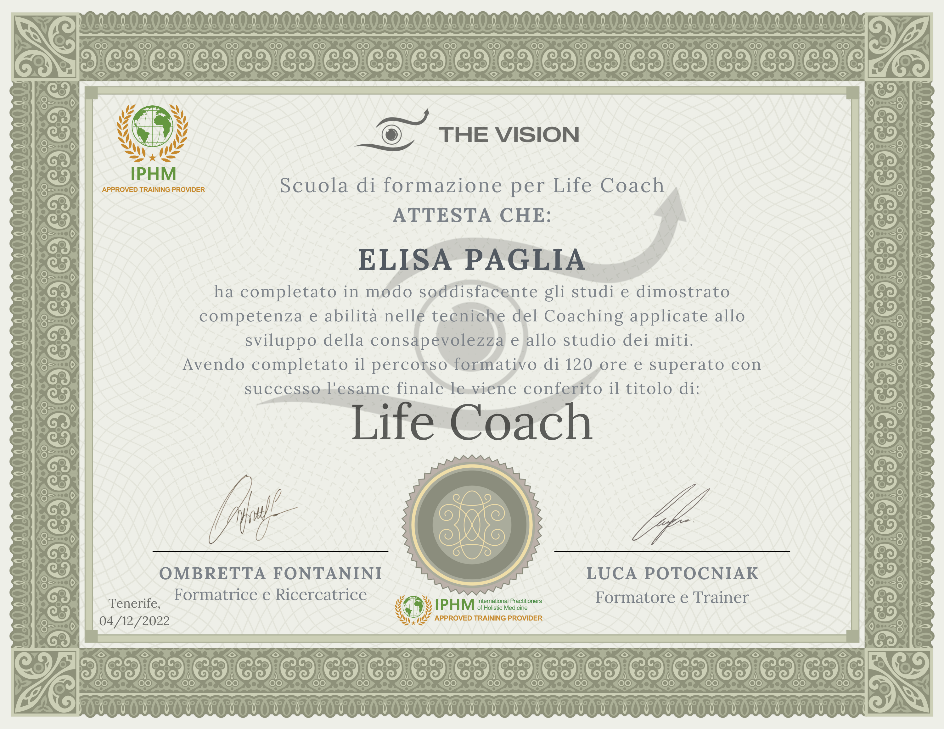 Ceritifcazione - Life Coach Olistico Elisa Paglia